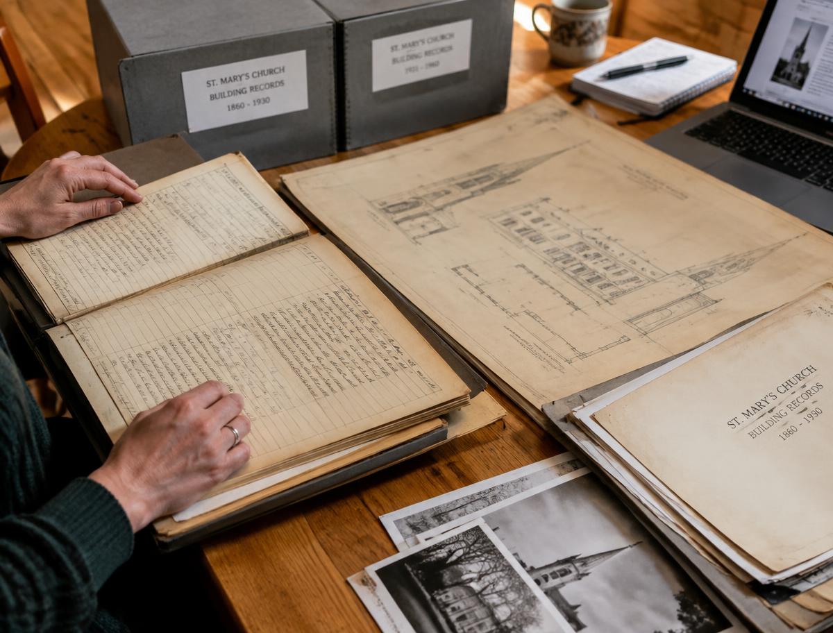 Historic church building logbooks, drawings and archive boxes
