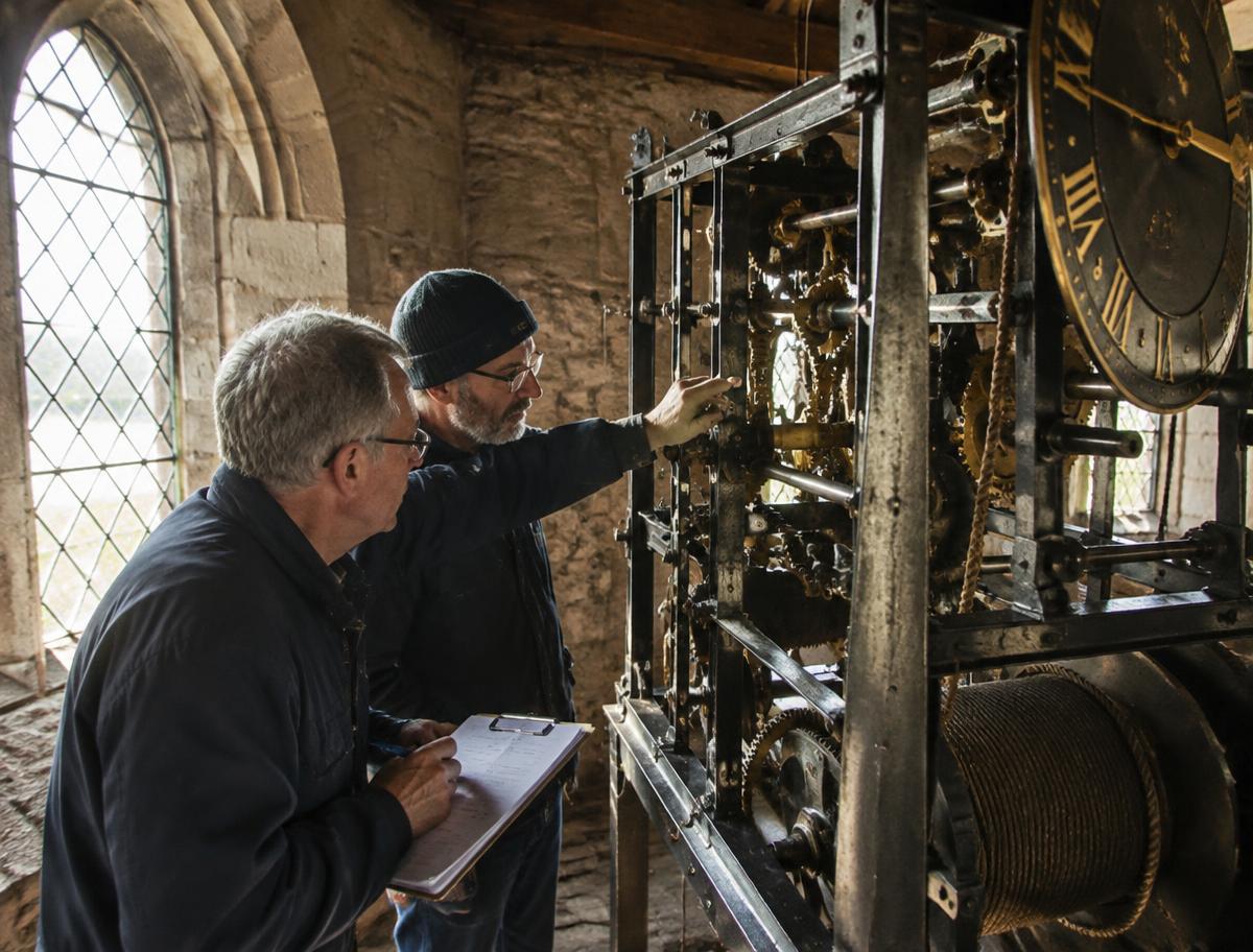 Volunteer and clock specialist inspecting a historic church turret clock