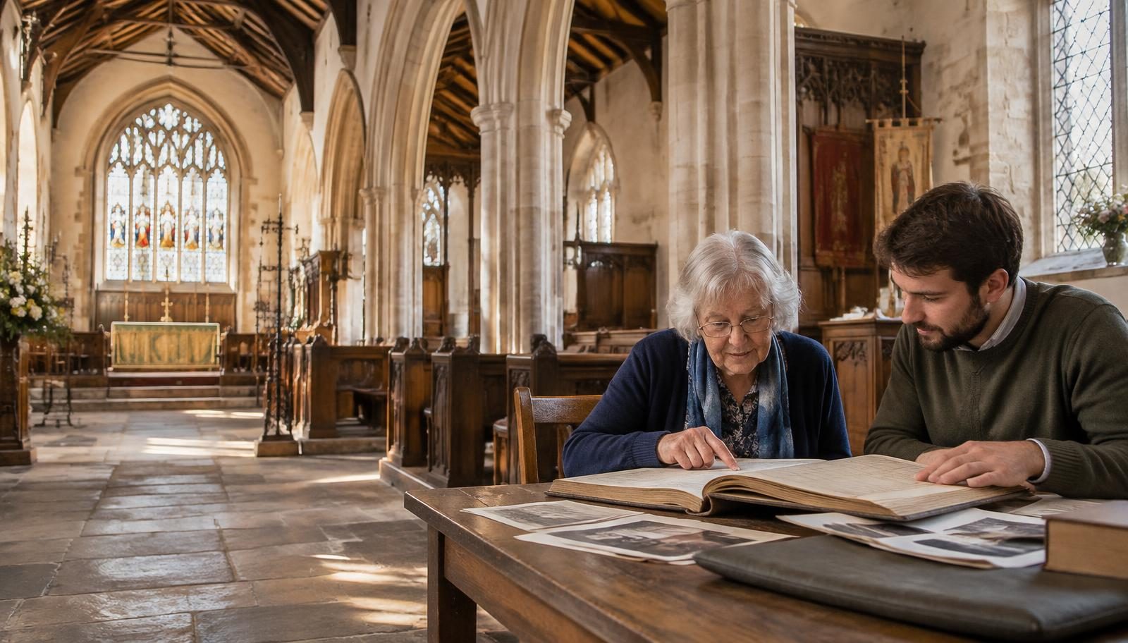 Two generations of church volunteers sharing historic building records
