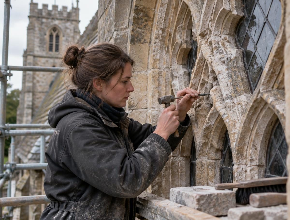 Stonemason conserving historic church window tracery